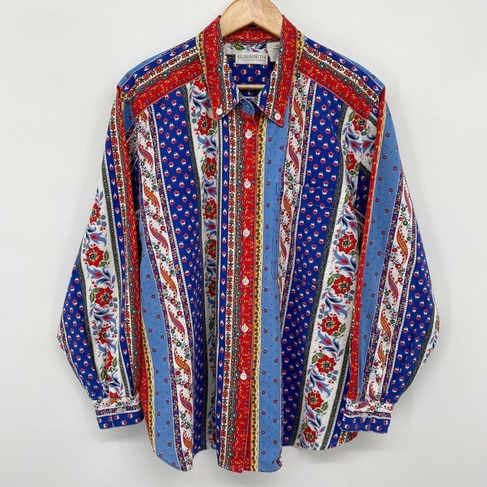 Vintage 90s Top Shirt Blouse Womens 16 Floral 100% Cotton Artsy Liz Claiborne 1X